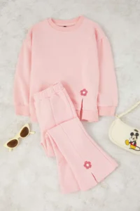 TRENDYOLMİLLA KIDS Light PINK Cotton Floral Girls' Knitting Thick Sweatshirt and Tracksuit Bottom - Top Set - Image 2