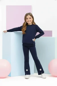 TRENDYOLMİLLA KIDS NAVY BLUE Cotton Floral Regular Girls' Knitting Bottom - Top Set