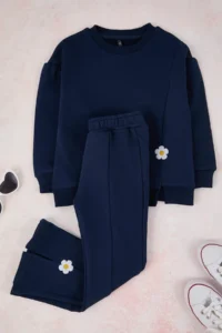 TRENDYOLMİLLA KIDS NAVY BLUE Cotton Floral Regular Girls' Knitting Bottom - Top Set - Image 2