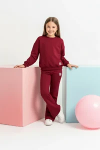 TRENDYOLMİLLA KIDS Burgundy Cotton Plain Crew Neck Oversized Girls' Knitting Bottom - Top Set