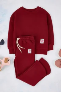TRENDYOLMİLLA KIDS Burgundy Cotton Plain Crew Neck Oversized Girls' Knitting Bottom - Top Set - Image 2