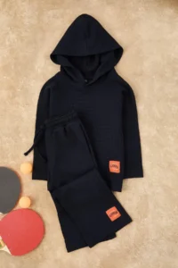 TRENDYOLMİLLA KIDS NAVY BLUE Cotton Hooded textured Thin Boys' Sweatshirt Trackpants Bottom - Top Set - Image 2