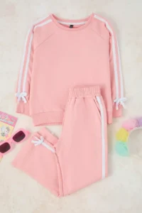 TRENDYOLMİLLA KIDS PINK Girls' Cotton Plain Crew Neck Thin Sweatshirt and Tracksuit Bottom - Top Set - Image 2