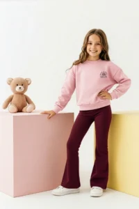 TRENDYOLMİLLA KIDS Powder PINK Cotton Plain Thick/Oversized Girls' Knitting Bottom with Fleece Inside - Top Set - Image 2