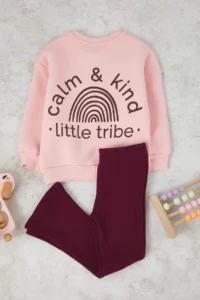 TRENDYOLMİLLA KIDS Powder PINK Cotton Plain Thick/Oversized Girls' Knitting Bottom with Fleece Inside - Top Set - Image 3
