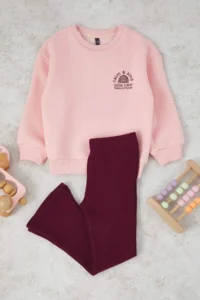 TRENDYOLMİLLA KIDS Powder PINK Cotton Plain Thick/Oversized Girls' Knitting Bottom with Fleece Inside - Top Set - Image 4