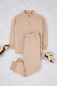 TRENDYOLMİLLA KIDS Beige Girls' / Boys' High Neck Knitting Thick Sweatshirt and Tracksuit Bottom - Top Set - Image 2