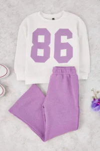 TRENDYOLMİLLA KIDS Lilac Cotton Printed Oversized Girls' Knitting Thick Sweatshirt and Tracksuit Bottom - Top Set - Image 2