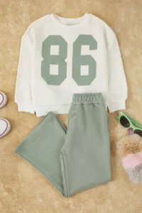 TRENDYOLMİLLA KIDS MINT Cotton Printed Oversized Girls' Knitting Bottom - Top Set - Image 2