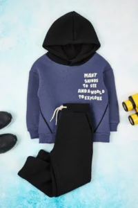 TRENDYOLMİLLA KIDS Indigo Cotton Thick/Hooded Boys' Oversized Knitting Bottom with Fleece Inside - Top Set - Image 2
