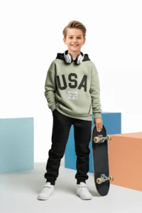 TRENDYOLMİLLA KIDS Stone Cotton Thick/Hooded Boys' Oversized Knitting Bottom with Fleece Inside - Top Set - Image 5