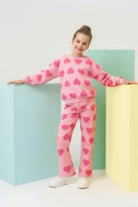 TRENDYOLMİLLA KIDS PINK Cotton Heart Printed Girls' Thick Knitting Sweatshirt and Trousers Set