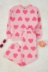 TRENDYOLMİLLA KIDS PINK Cotton Heart Printed Girls' Thick Knitting Sweatshirt and Trousers Set - Image 2