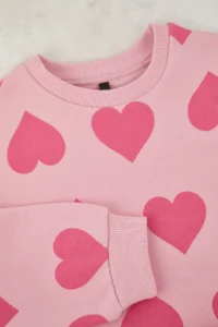 TRENDYOLMİLLA KIDS PINK Cotton Heart Printed Girls' Thick Knitting Sweatshirt and Trousers Set - Image 3