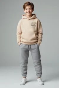 TRENDYOLMİLLA KIDS Ecru Cotton Hooded Thick/Oversized Boys' Knitting Bottom with Fleece Inside - Top Set