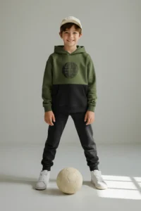 TRENDYOLMİLLA KIDS Green Cotton Color Bloklu Hooded Regular Boys' Knitting Bottom - Top Set