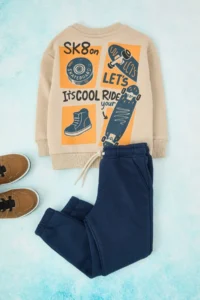 TRENDYOLMİLLA KIDS Beige Printed Knitting Boys' Bottom - Top Set - Image 2