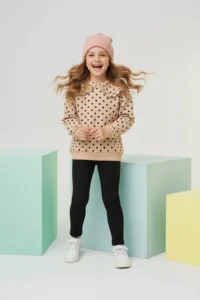 TRENDYOLMİLLA KIDS Beige Cotton Polka Dot Collar Detailed Girls' Thick Knitting Sweatshirt and Leggings Bottom Top Set - Image 2