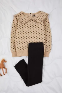 TRENDYOLMİLLA KIDS Beige Cotton Polka Dot Collar Detailed Girls' Thick Knitting Sweatshirt and Leggings Bottom Top Set - Image 3