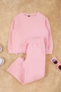 TRENDYOLMİLLA KIDS PINK Cotton Plain/Basic Fleece Knitting Girls' Sweatshirt and Tracksuit Bottom - Top Set - Image 2