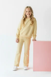 TRENDYOLMİLLA KIDS Yellow Cotton Plain/Basic Fleece Knitting Girls' Sweatshirt and Tracksuit Bottom - Top Set