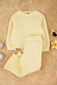 TRENDYOLMİLLA KIDS Yellow Cotton Plain/Basic Fleece Knitting Girls' Sweatshirt and Tracksuit Bottom - Top Set - Image 2