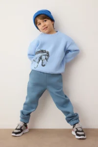 TRENDYOLMİLLA KIDS BLUE Cotton Thick/Horse Printed Boys' Knitting Bottom - Top Set