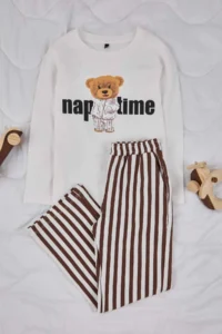 TRENDYOLMİLLA KIDS Beige Unisex Kids 100% Cotton Printed Regular Knitting Pajama Set - Image 2