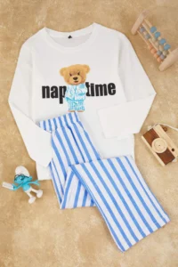 TRENDYOLMİLLA KIDS Ecru 100% Cotton Printed Regular Knitting Unisex Kids Pajama Set - Image 3