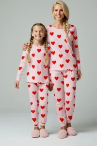 TRENDYOLMİLLA KIDS PINK Soft textured Cotton Heart Printed Regular Girls' Knitting Pajama Set