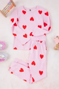 TRENDYOLMİLLA KIDS PINK Soft textured Cotton Heart Printed Regular Girls' Knitting Pajama Set - Image 2