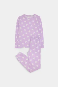 TRENDYOLMİLLA KIDS Purple Soft textured Cotton Heart Printed Regular Girls' Knitting Pajama Set - Image 5