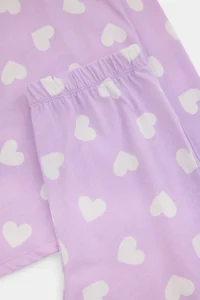 TRENDYOLMİLLA KIDS Purple Soft textured Cotton Heart Printed Regular Girls' Knitting Pajama Set - Image 6