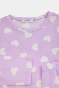 TRENDYOLMİLLA KIDS Purple Soft textured Cotton Heart Printed Regular Girls' Knitting Pajama Set - Image 7