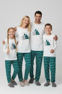 TRENDYOLMİLLA KIDS Green Soft textured Printed Regular Knitting Unisex Kids Pajama Set
