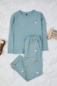 TRENDYOLMİLLA KIDS BLUE Boys' 100% Cotton animals Printed Regular Knitting Pajama Set - Image 2