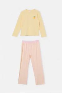 TRENDYOLMİLLA KIDS Yellow Girls' Printed Knitting Bottom-Top Pajama Set - Image 4