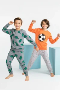 TRENDYOLMİLLA KIDS Salmon-Gray Boys' 4 Sets Soft Textured Printed Pajama Set