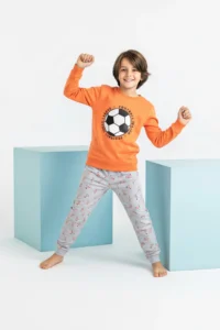 TRENDYOLMİLLA KIDS Salmon-Gray Boys' 4 Sets Soft Textured Printed Pajama Set - Image 3