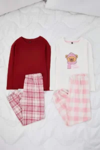 TRENDYOLMİLLA KIDS Burgundy-PINK 4 Sets Girls' Plaid/Checkered Soft textured Knitting Bottom-Top Pajama Set - Image 2
