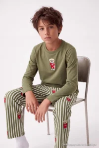 TRENDYOLMİLLA KIDS Khaki Cotton Printed Knitting Boys' Bottom-Top Pajama Set