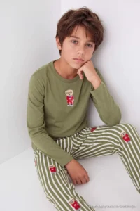 TRENDYOLMİLLA KIDS Khaki Cotton Printed Knitting Boys' Bottom-Top Pajama Set - Image 2