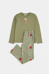 TRENDYOLMİLLA KIDS Khaki Cotton Printed Knitting Boys' Bottom-Top Pajama Set - Image 4