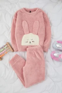 TRENDYOLMİLLA KIDS PINK Mini Me Plush Knitting Girls' Thick Pajama Set - Image 2
