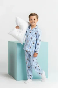 TRENDYOLMİLLA KIDS BLUE Soft textured Unisex Kids Patterned Shirt Collar Regular Knitting Pajama Set