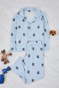 TRENDYOLMİLLA KIDS BLUE Soft textured Unisex Kids Patterned Shirt Collar Regular Knitting Pajama Set - Image 2