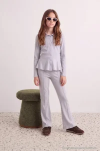 TRENDYOLMİLLA KIDS Gray Girls' Cotton Basic Soft Touch Knitting Bottom - Top Set - Image 3