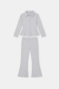 TRENDYOLMİLLA KIDS Gray Girls' Cotton Basic Soft Touch Knitting Bottom - Top Set - Image 5