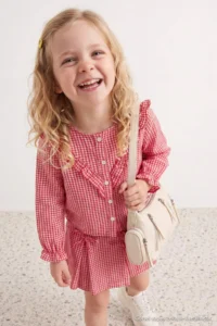TRENDYOLMİLLA KIDS Red 100%Cotton Girls' Frilly Thin&Seasonal Weaving Shirt-Skirt Top and Bottom Set