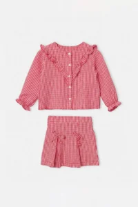 TRENDYOLMİLLA KIDS Red 100%Cotton Girls' Frilly Thin&Seasonal Weaving Shirt-Skirt Top and Bottom Set - Image 5